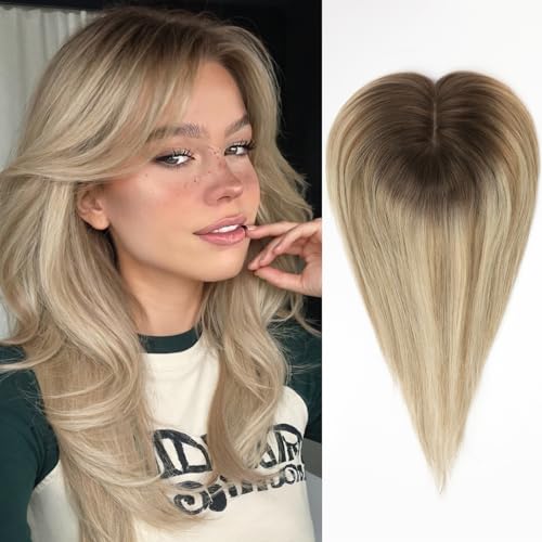 HAIRCUBE Haartopper echtes Menschenhaar für Frauen Ombre T2-#6/#613 Haartopper mit Pony 120% Dichte Seide Basisclip in Topper 14 Zoll 40 Gramm von HAIRCUBE