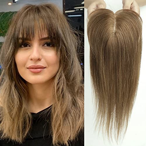 HAIRCUBE Haartopper echtes Menschenhaar für Frauen goldbraune Haartopper mit Pony 120% Dichte Seide Basisclip in Topper 14 Zoll 40 Gramm von HAIRCUBE