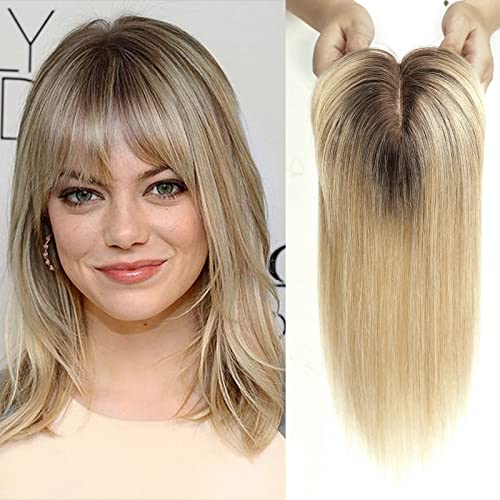 HAIRCUBE Haartopper echtes Menschenhaar für Frauen ombre Hellblondes Haartopper mit Pony 120% Dichte Seide Basisclip in Topper 14 Zoll 40 Gramm von HAIRCUBE