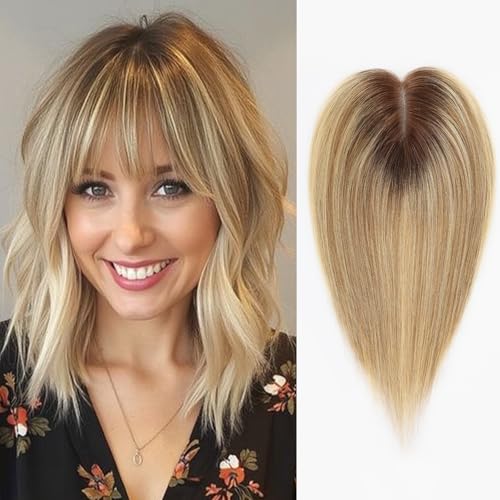 HAIRCUBE Haartopper für Frauen mit dünnem Haar ombre blond mit schwachem Licht 100% Echtes Menschenhaar topper für Frauen mit Pony Menschenhaar topper mit Schweizer Spitze Basis Hand gebunden 14 Zoll von HAIRCUBE
