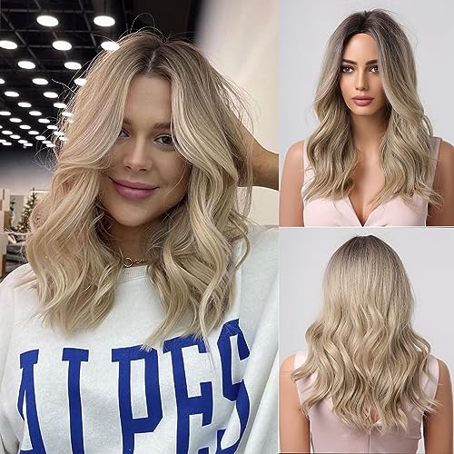 HAIRCUBE Lang Blonde Perücken für Frauen, Dunkel Verwurzeltes Synthetik Lockige Haare Perücke mit Mittelscheitel von HAIRCUBE