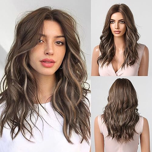 HAIRCUBE Lang Braun Lockige Perücken für Frauen Synthetisches Haar Perücke mit Blonden Strähnchen von HAIRCUBE