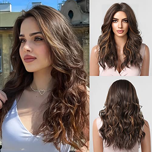 HAIRCUBE Lang Braun Lockige Perücken für Frauen Synthetisches Haar Perücke mit Hellbraunen Strähnchen von HAIRCUBE