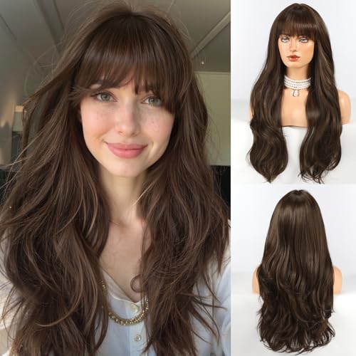 HAIRCUBE Lange dunkelbraune Perücke mit Pony Layered Lockige Perücken für Frauen Natürliche synthetische Perücken für den täglichen Gebrauch (pelucas de cabello natur) von HAIRCUBE