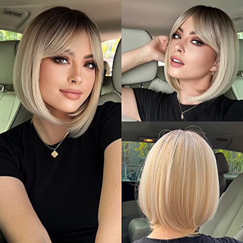 HAIRCUBE Gerade Kurze Charmante Bob mit Bangs Perücken für Frau Natur Hitzebeständige Synthetische Faser Party/Cosplay/Kostüm/Tägliche Perücke (Dunkelschattenblond) von HAIRCUBE
