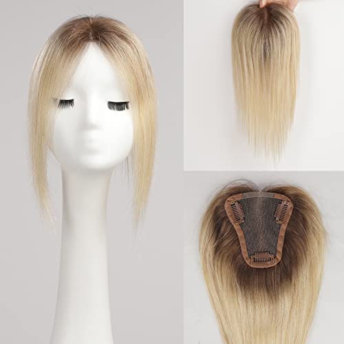 HAIRCUBE Ombre Hellblonde Haar Toppers für Frauen Remy Menschliches Haar Stücke für Frauen mit dünnem Haarausfall Abdeckung Braunes Haar, 3.5in*4in Hand gebundene mit Schweizer Spitze Basis 12in von HAIRCUBE