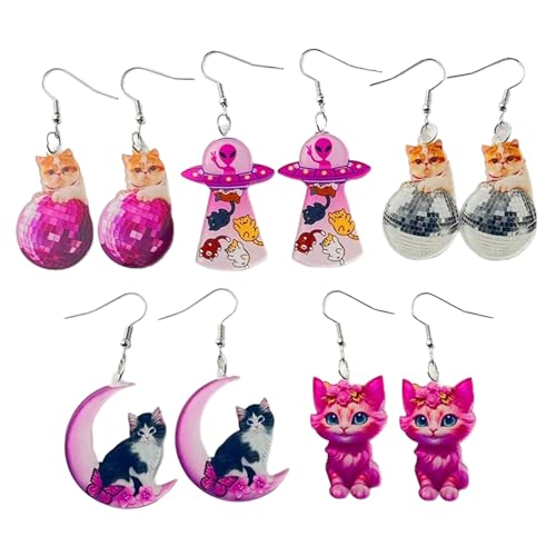 5 Paar Süße Katze Dangle Ohrringe Lustige Mond Anhänger Ohrring Acryl Ohrohrohr Schmuckdekoration Für Frauen Katze Dangle Ohrringe von HAISENG