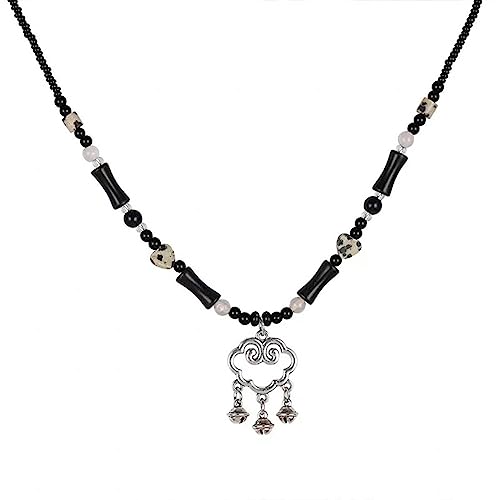 Chinesische Stil Glückverheißender Wolkenpadlock Halskette Schwarzes Seil Fransen Perlen Halshöhe Pullover Kette Für Frauen Mädchen Teen Schmuck Schmuck Perlen Halskette von HAISENG