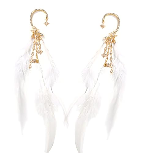 Federed Drop Ohrmanschette Ohrringe Mit Strasssternstarkette Für Party Hochzeitsgeschenk Modische Ohrmanschette Accessoires Handgefertigte Federohrringe von HAISENG
