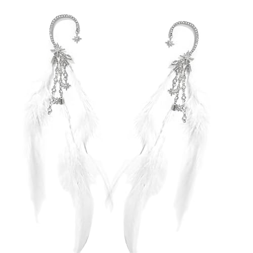 Federed Drop Ohrmanschette Ohrringe Mit Strasssternstarkette Für Party Hochzeitsgeschenk Modische Ohrmanschette Accessoires Handgefertigte Federohrringe von HAISENG