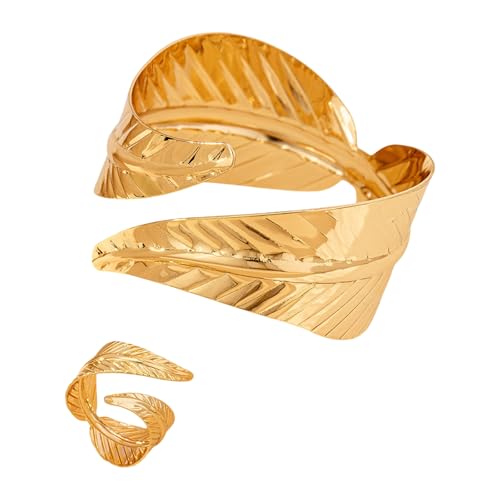 HAISENG 2pcs Geometrische Blätter Manschettenknochen Und Ringe Set Für Frauen Modische Retro Metall Open Armband Stylish Accessoires Komfortabler Fit Bangel von HAISENG