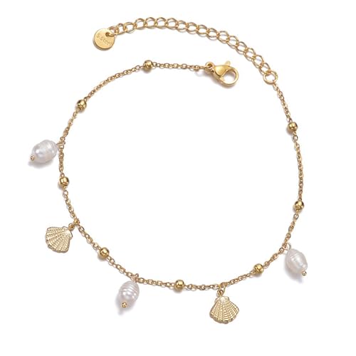 HAISENG Delicate Perlenschale Fußkettchen Für Verstellbare Länge Strand Schmuck Edelstahl Minimalistische Fußzubehör Elegante Perlen Fußarmband von HAISENG