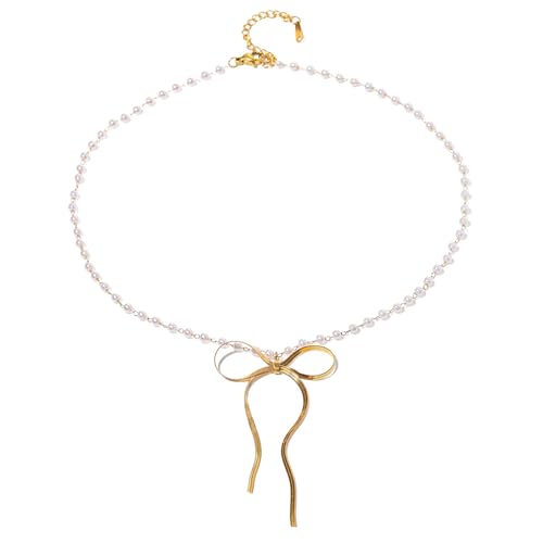 HAISENG Edelstahl-Kette, Halskette, Schleifen-Anhänger, Perlen, verstellbar, elegantes Hochzeitszubehör für Frauen, Hochzeitsschmuck von HAISENG