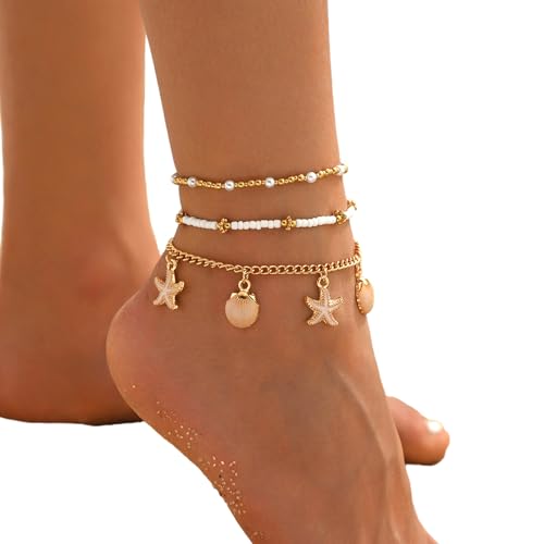 HAISENG Schicht Fußkettchen Mit & Glasperlen Charme Verstellbarer Strandschmuck Für Frauen Muscheln Fußkettchen von HAISENG