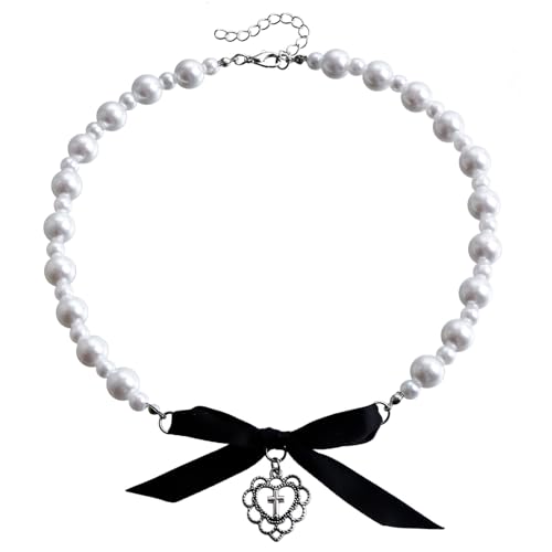 Herzkreuz Anhänger Halskette Imitation Perlen Perlen Neckketten Verstellbare Länge Schlüsselbeinkette Mode Schmuck Liebes Halskette von HAISENG