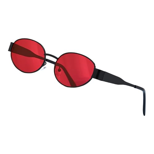 Ovals Unisex-Sonnenbrille mit Metallrahmen, Katzenaugenform, für Damen und Herren, Strandurlaub, Schwarzer Rahmen, rote Folie von HAISENG