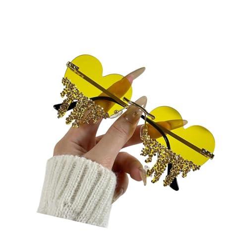 Stilvolle herzförmige Tränenbrille mit Strasssteinen, leicht, für Strandurlaub und Festivals, geringes Gewicht, gelb von HAISENG