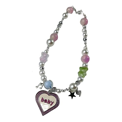 Süßer Kühles Herz Anhänger Halskette Temperament Halshöhe Mode Schmuck Schlüsselblatte Kette Y2K Glas Perlen Charm Fashion Kragen Choker Künstlicher Kristallschmuck Colarbone von HAISENG