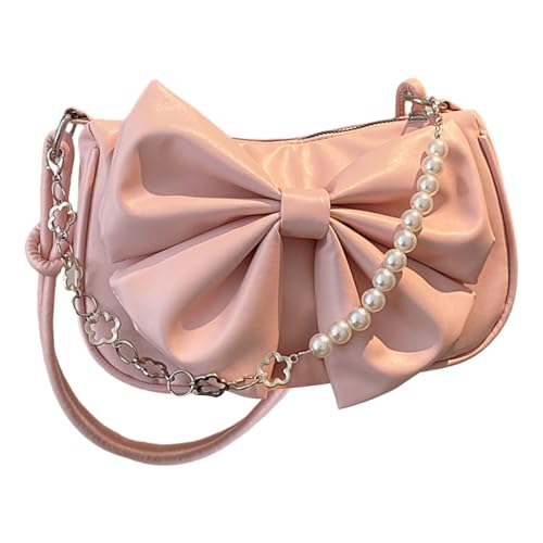 Trendige Perlen verzierte Schleifen Unterarm-Geldbörse PU-Leder Handtasche Schultertasche mit verstellbarem Riemen für Frauen trendiges Damen-Accessoire, a, One Size von HAISENG