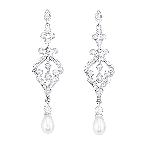 HAISWET Braut Hochzeit künstliche Perle Chandelier Baumeln Hängend Ohrringe CZ Zirkonia Silber-Ton von HAISWET