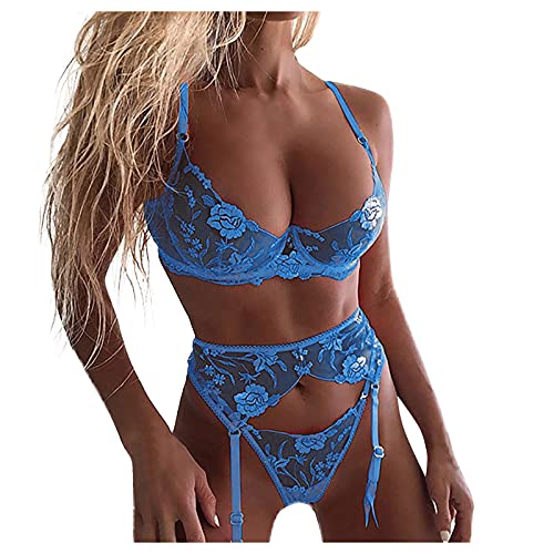 HAITANGUO Dessous Strapse Set Damen Reizwäsche 3-TLG Dessous Sexy Lingerie Unterwäsche Frauen Flirty Lingerie Babydoll Spitze Push up BH und Slip mit Strapsgürtel für Frauen (Blau, M) von HAITANGUO