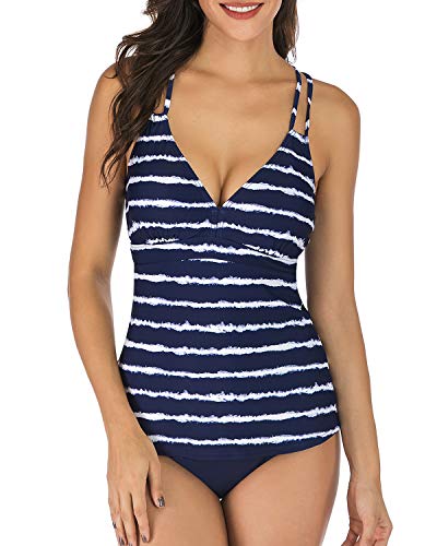 HAIVIDO Damen V Ausschnitt Tankini Set Criss Cross Back Tankini Top mit Bikini Bottom Zweiteiliger Badeanzüge, Druck-1, Medium von HAIVIDO