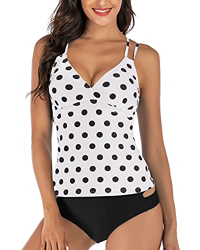 HAIVIDO Damen V Ausschnitt Tankini Set Criss Cross Back Tankini Top mit Bikini Bottom Zweiteiliger Badeanzüge, Weiß mit schwarzen Punkten, Medium von HAIVIDO