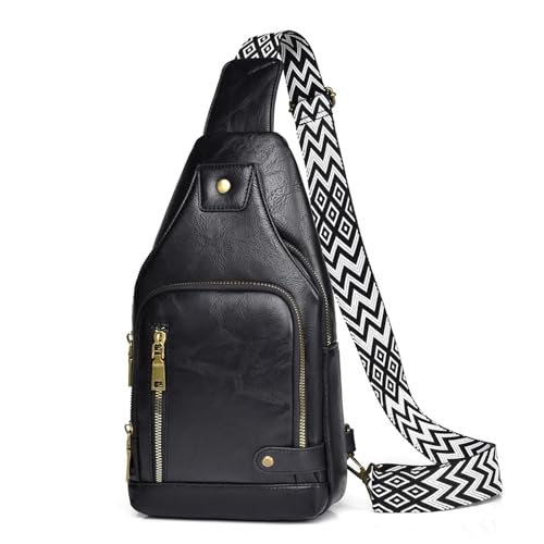 Anti Diebstahl Brusttasche für Damen und Herren Sling Bag Rucksack Leder Schulterrucksack Umhängetasche Klein Crossbody Bag Retro Bauchtasche Schultertasche Sporttasche (Schwarz) von HAIWILL