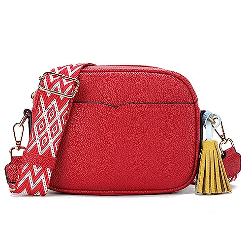 Crossbody Bag Damen Breiter Gurt Handy Umhängetasche Klein Tasche mit Breitem Schultergurt Crossbag Leder Crossover Handtasche mit Verstellbarer Abnehmbar Schultergurt und Quaste Anhänger (Rot) von HAIWILL