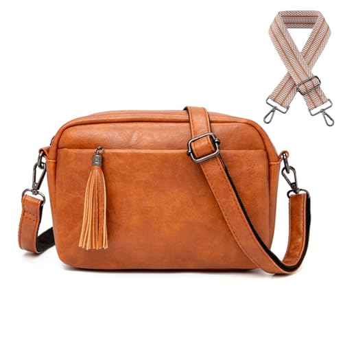 HAIWILL Crossbody Bag Damen Breiter Gurt mit 3 großen Fächern Kleine Umhängetasche Vintage Leder Handtasche Moderne Taschen mit Breitem Schultergurt von HAIWILL