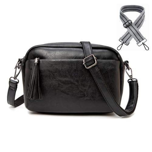 HAIWILL Crossbody Bag Damen Breiter Gurt mit 3 großen Fächern Kleine Umhängetasche Vintage Leder Handtasche Moderne Taschen mit Breitem Schultergurt von HAIWILL