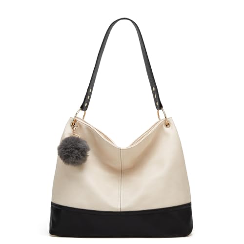 HAIWILL Handtasche Damen Groß Hobo Bag Leder Umhängetasche Retro Shopper Tasche mit Reißverschluss Schultertaschen für Arbeit Büro Reisen Einkaufen Schule und Alltag (Beige Schwarz) von HAIWILL