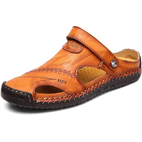 HAIWILL Herren Sommer Sandalen Leder Strandschuhe Zehenschutz Zehentrenner Pantoletten Größe 38-48,Gelb-Braun,39 EU von HAIWILL