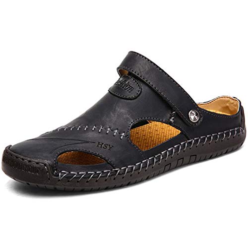 HAIWILL Herren Sommer Sandalen Leder Strandschuhe Zehenschutz Zehentrenner Pantoletten Größe 38-48,Schwarz,47 EU von HAIWILL