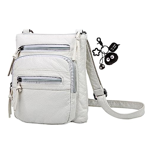 HAIWILL Umhängetasche Damen Klein Crossbody Bag Leder Mini Handtasche zum Umhängen Crossover Geldbörse Große Kapazität mit Dreifacher Reißverschluss und Verstellbarer Schultergurt für Münzen (Weiß) von HAIWILL