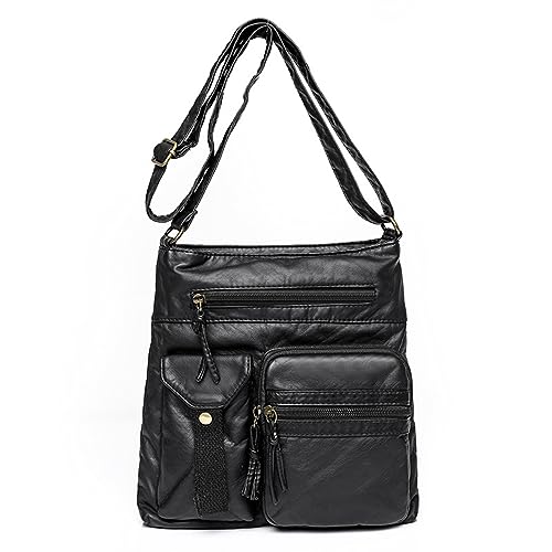 HAIWILL Umhängetasche Damen Klein Schultertasche Leder Handtasche 9 Taschen Retro Crossbody Bag Damen Breiter Gurt Reißverschlusstasche Verstellbarer Schultergurt (Schwarz) von HAIWILL