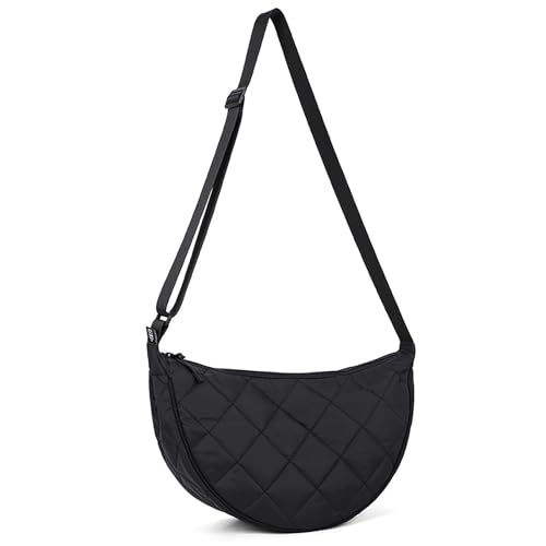 Halbmond Crossbody Bag Damen Umhängetasche Mittelgroß Nylon Gesteppte Tasche Damen Puffer Bag Hobo Shopper Tasche Schultertasche mit Verstellbarem Schultergurt für Uni Arbeit Reisen Alltag (Schwarz) von HAIWILL