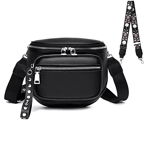 Klein Bauchtasche Damen Crossbody Bag Breiter Gurt Echtes Leder Gürteltasche Stylisch mit Münze Geldbeutel Umhängetasche Klein mit DREI Reißverschlussfächern für Täglich Freizeit Reisen (Schwarz) von HAIWILL