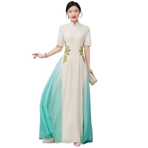 Bühne Aufführungen Ao Dai Vietnamesisches Kleid Lang Stickerei Schlank Chinesisches Kleid Halbe ärmel Kragen Vietnam-Damenkleid(5XL,Almond) von HAJHI