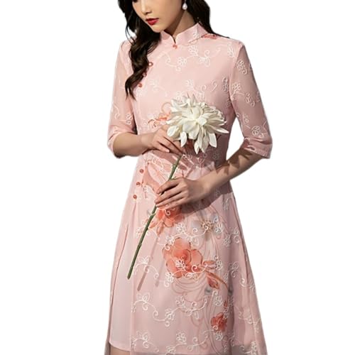 HAJHI Unsichtbar Reißverschluss Vietnam-Damenkleid Retro Chiffon Stickerei Ao Dai Vietnamesisches Kleid 5-Punkt-ärmel Doppelte Lage Schlitz Qipao Mittellang Hochzeiten Gala(Pink,XL) von HAJHI