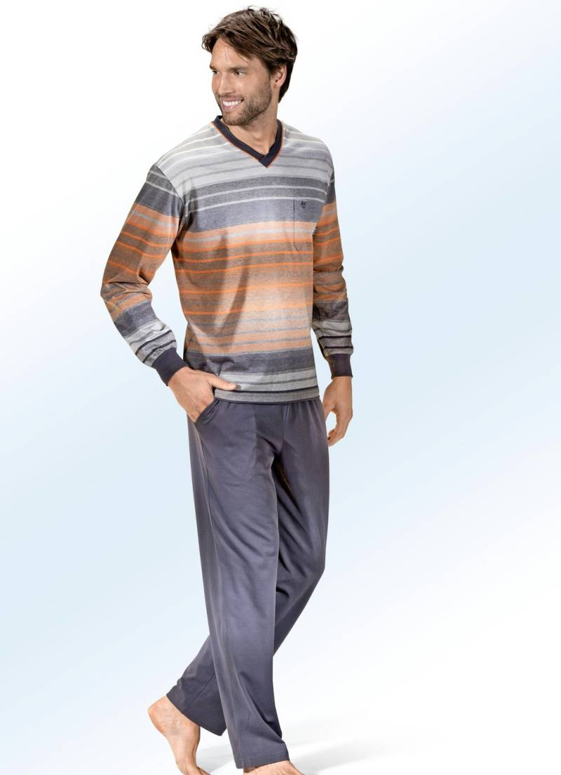 Hajo Klima Komfort Schlafanzug mit V-Ausschnitt, Brusttasche und garngefärbtem Ringeldessin, Grafit-Bunt, Größe 52 von HAJO NACHTMODE
