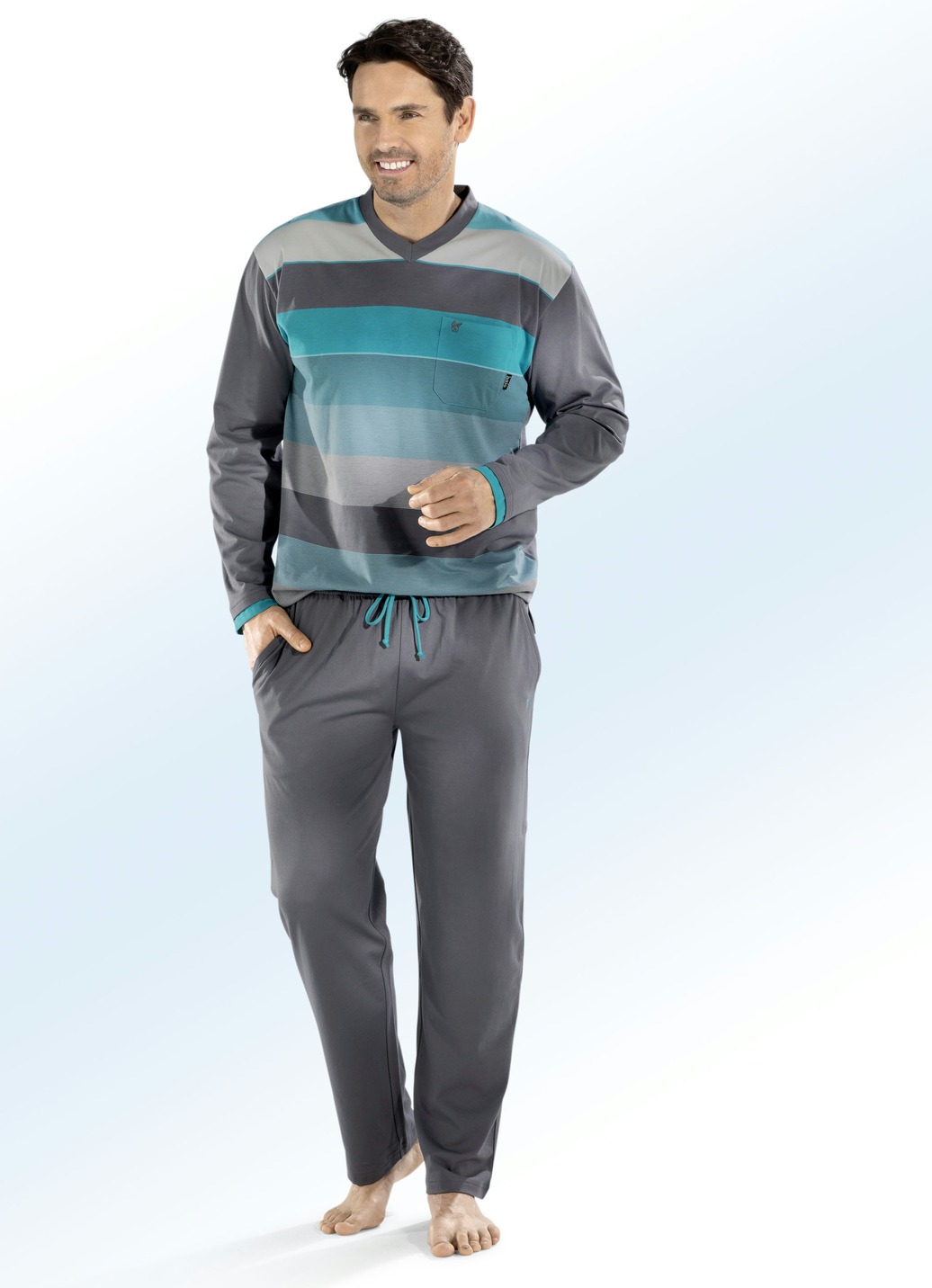 Hajo Klima Komfort Schlafanzug mit V-Ausschnitt und garngefärbtem Ringel, Grau-Türkis, Größe 46 von HAJO NACHTMODE