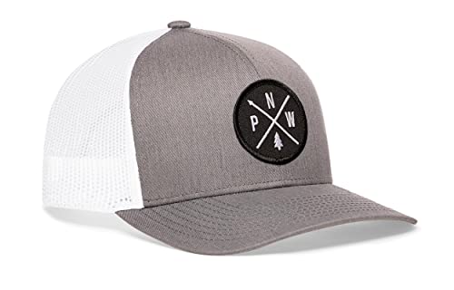 HAKA PNW Trucker-Mütze für Damen und Herren, Pacific Northwest Trucker Mesh Snapback verstellbare Baseballkappe, Schwarzer Aufnäher, grauer und weißer Hut, Einheitsgröße von HAKA