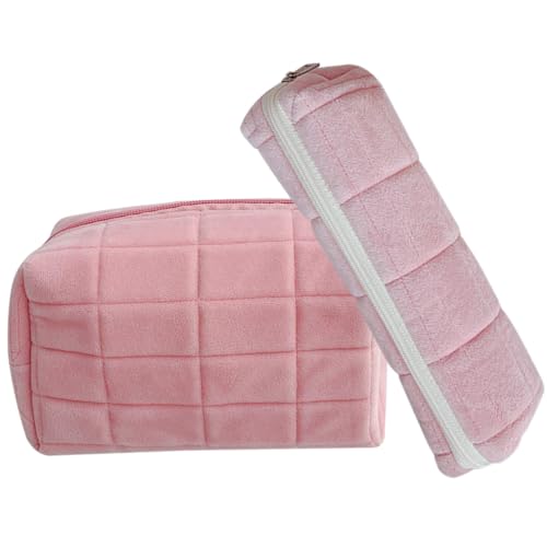 HAKIDZEL 2 Stück Kosmetiktasche Großes Fassungsvermögen Schminktasche Plüsch Makeup Organizer Tragbar Mädchen Kosmetik Aufbewahrungstasche Mit Reißverschluss Praktisch Robust von HAKIDZEL