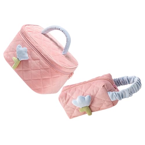 HAKIDZEL 2 Stück Teiliges Großes Gesteppte Kosmetiktasche aus Cord Vielseitige Reise Make Up Tasche mit Reißverschluss Geräumiger Kulturbeutel für Toilettenartikel und Beauty Organizer von HAKIDZEL