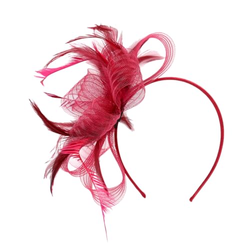 HAKIDZEL Eleganter Fascinator Hut mit Schleier und Federn Haarclip und Stirnband Leichter Cocktail Haarschmuck für Frauen Geeignet für Hochzeit Tea Party und Formelle Anlässe Weinrot von HAKIDZEL