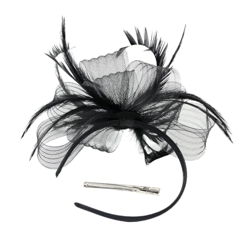 HAKIDZEL Faszinierender Damen Fascinator mit Netz und Federn Leichter Haarclip und Stirnband Eleganter Tea Party Hut für Hochzeiten und Formelle Anlässe Schwarz Vielseitig Tragbar von HAKIDZEL