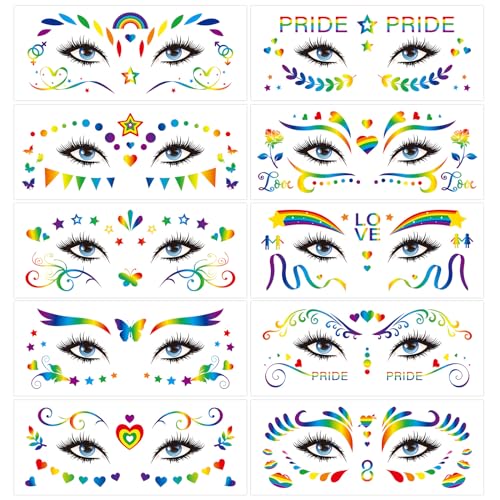 HAKOTOM 10 pcs Regenbogen Tattoo LGBT Temporäres Glitter Gesichtstattoo Pride Tattoos LGBT Stickers für Kinder Erwachsene Gesicht Sommer Motto Party Pride Party Pride Parades Karneval von HAKOTOM