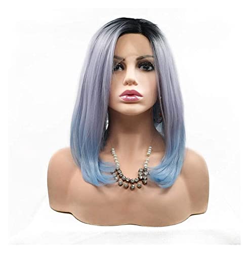 HALAHAI Perücken Blaue gemischte graue Perücken schulterlange lockige Haarperücke mit für Frauen Kurze Perücke mit synthetischer Blauer Perücke Perücke (Color : As Shown) von HALAHAI
