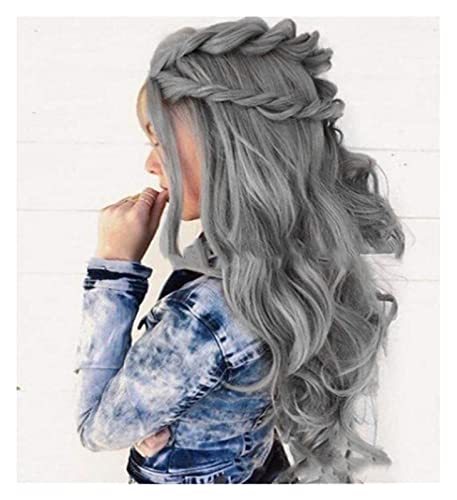 HALAHAI Perücken Graue gewellte Lace-Front-Perücke für Frauen, Lange Körperwelle, synthetische Perücken, hitzebeständige graue Haarperücke Perücke (Color : Grey) von HALAHAI